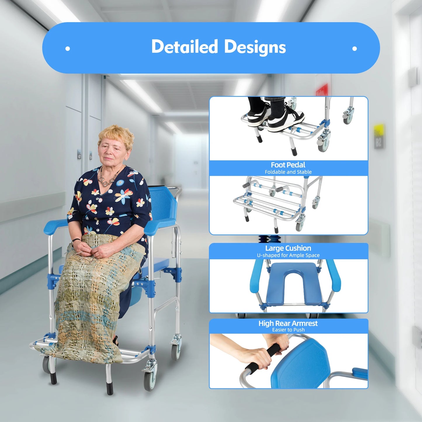 350lb Foldable Commode Chair Rolling Toilet Beside Shower Seat with Footrest+Removable Potty for Handicap Elderly Disabled Adult