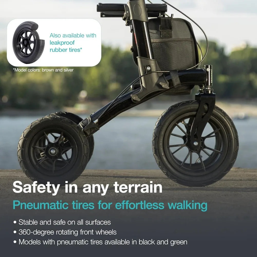 All Terrain Walker Rollator with 12” Pneumatic Tires – Foldable Outdoor Walkers for Seniors with Seat, Lightweight