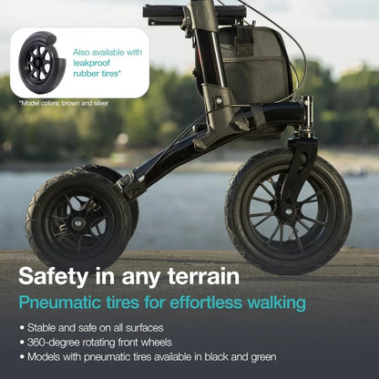 All Terrain Walker Rollator with 12” Pneumatic Tires – Foldable Outdoor Walkers for Seniors with Seat, Lightweight
