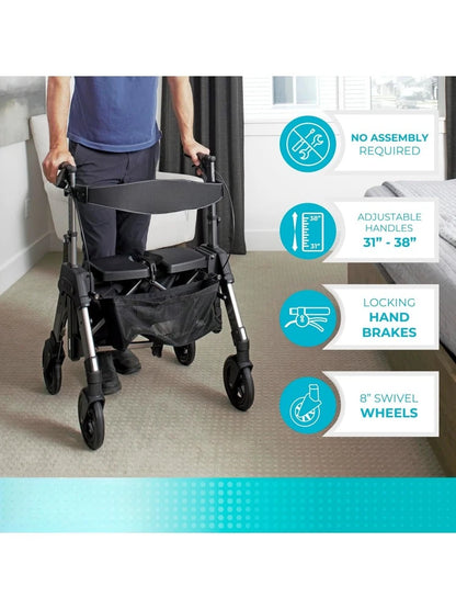 Stnder Wonder Bariatric Rollator, Heavy Duty Folding Rolling Walker for Adults, Seniors, 500-pound Weight Capacity Large 8-inch