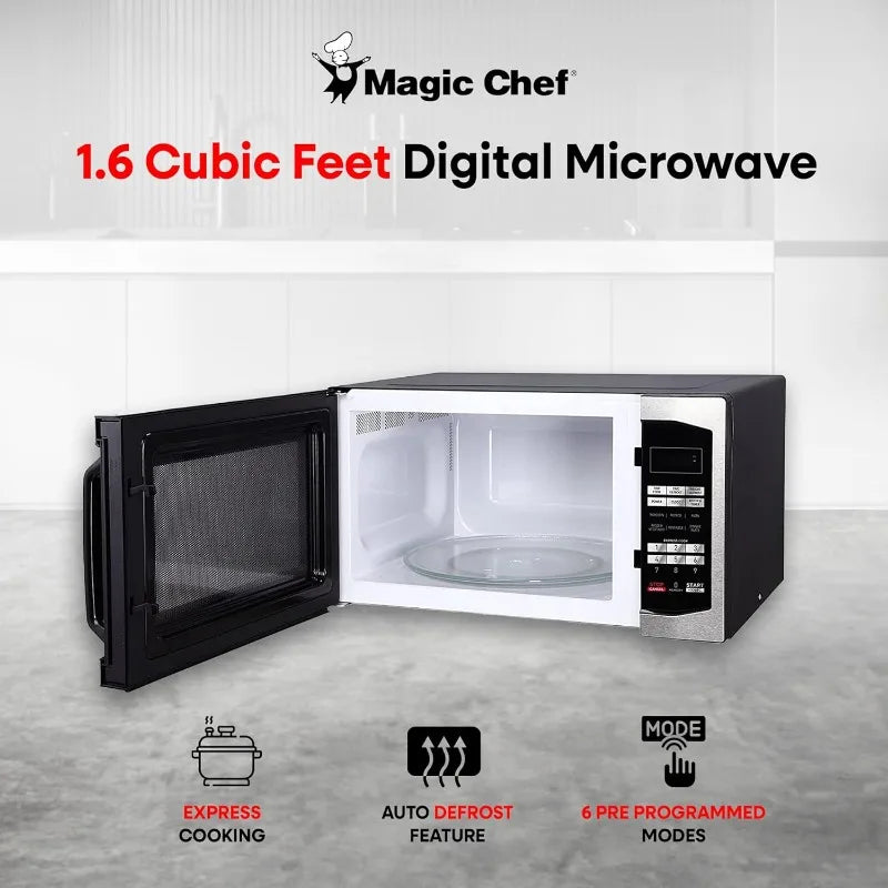 Magic Chef 1100 Watts Stainless Steel Digital Programmable Countertop Microwave, 1.6 Cubic Feet
