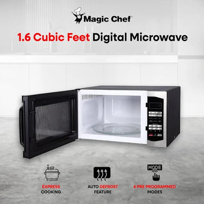 Magic Chef 1100 Watts Stainless Steel Digital Programmable Countertop Microwave, 1.6 Cubic Feet