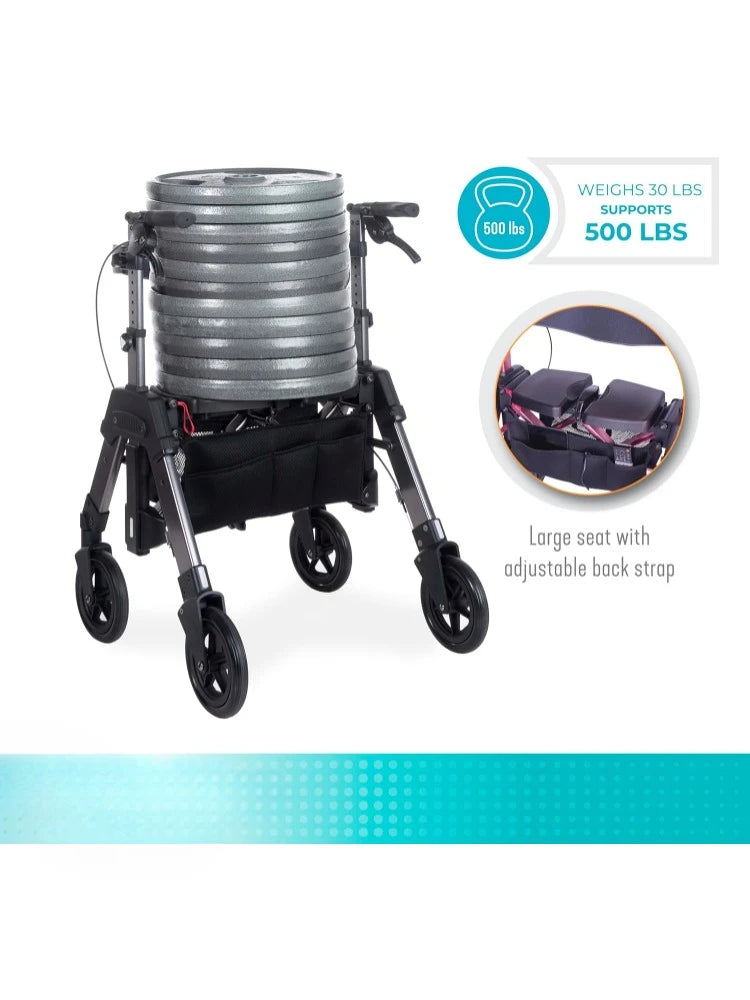 Stnder Wonder Bariatric Rollator, Heavy Duty Folding Rolling Walker for Adults, Seniors, 500-pound Weight Capacity Large 8-inch