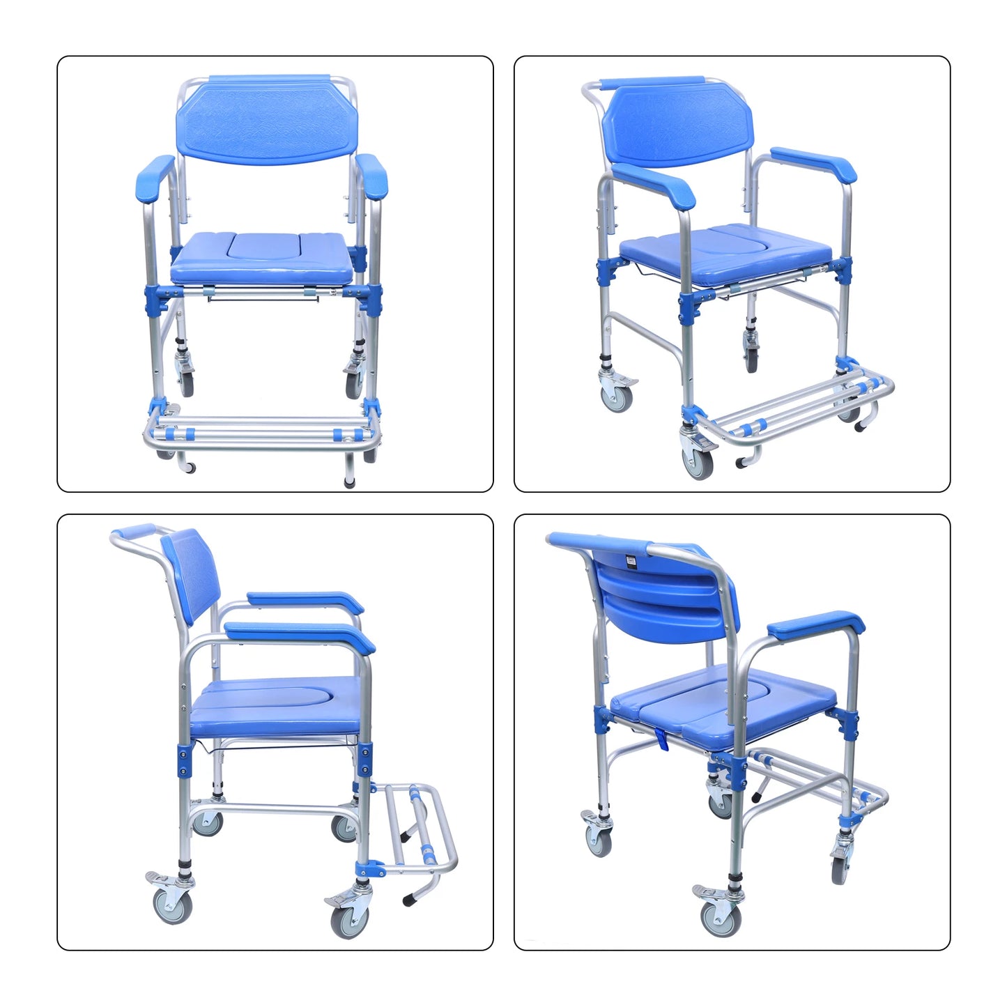 350lb Foldable Commode Chair Rolling Toilet Beside Shower Seat with Footrest+Removable Potty for Handicap Elderly Disabled Adult
