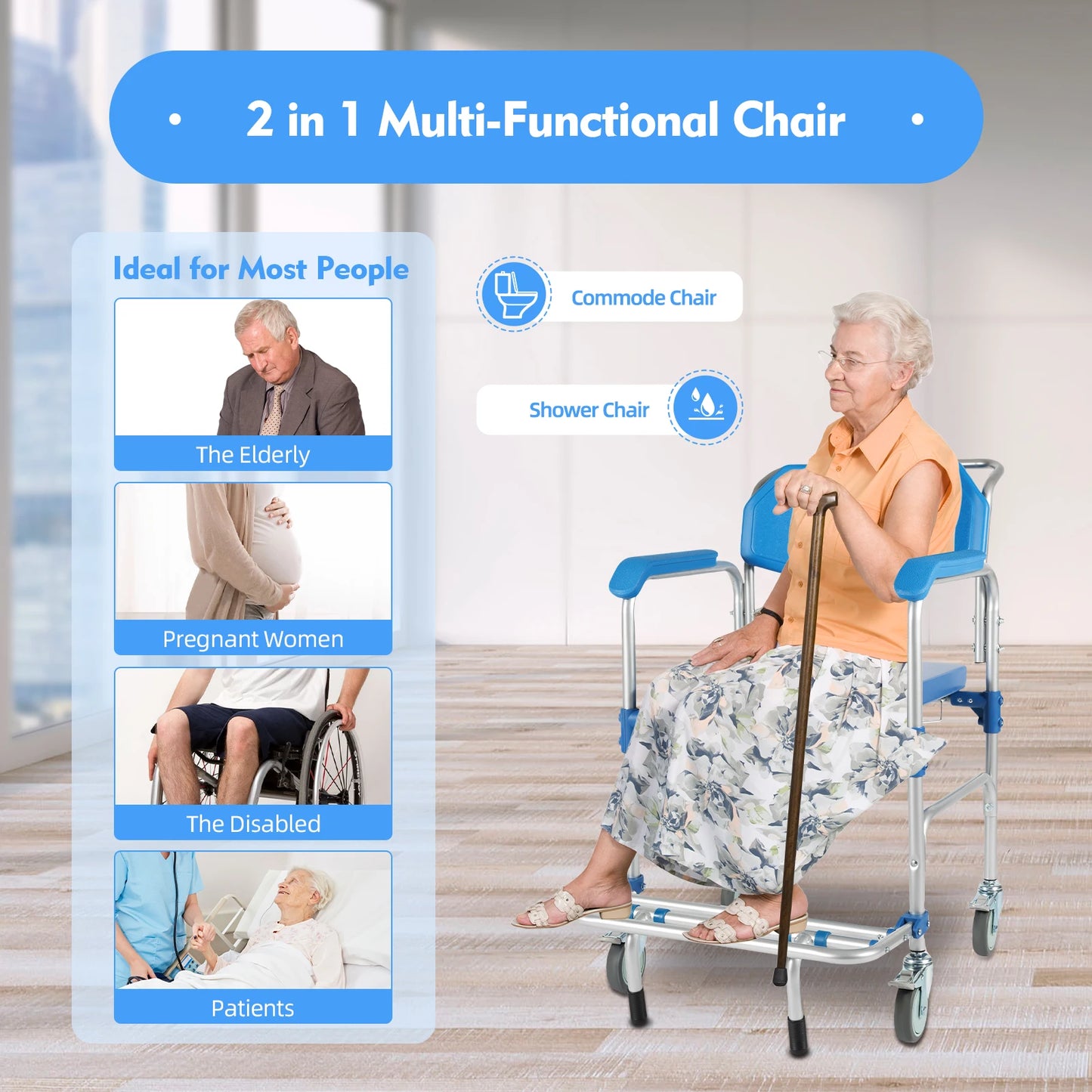 350lb Foldable Commode Chair Rolling Toilet Beside Shower Seat with Footrest+Removable Potty for Handicap Elderly Disabled Adult