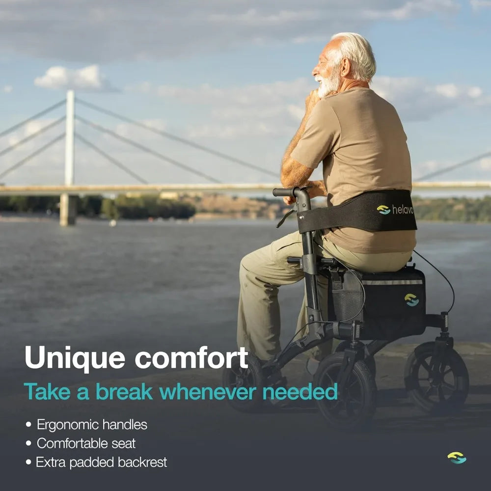All Terrain Walker Rollator with 12” Pneumatic Tires – Foldable Outdoor Walkers for Seniors with Seat, Lightweight