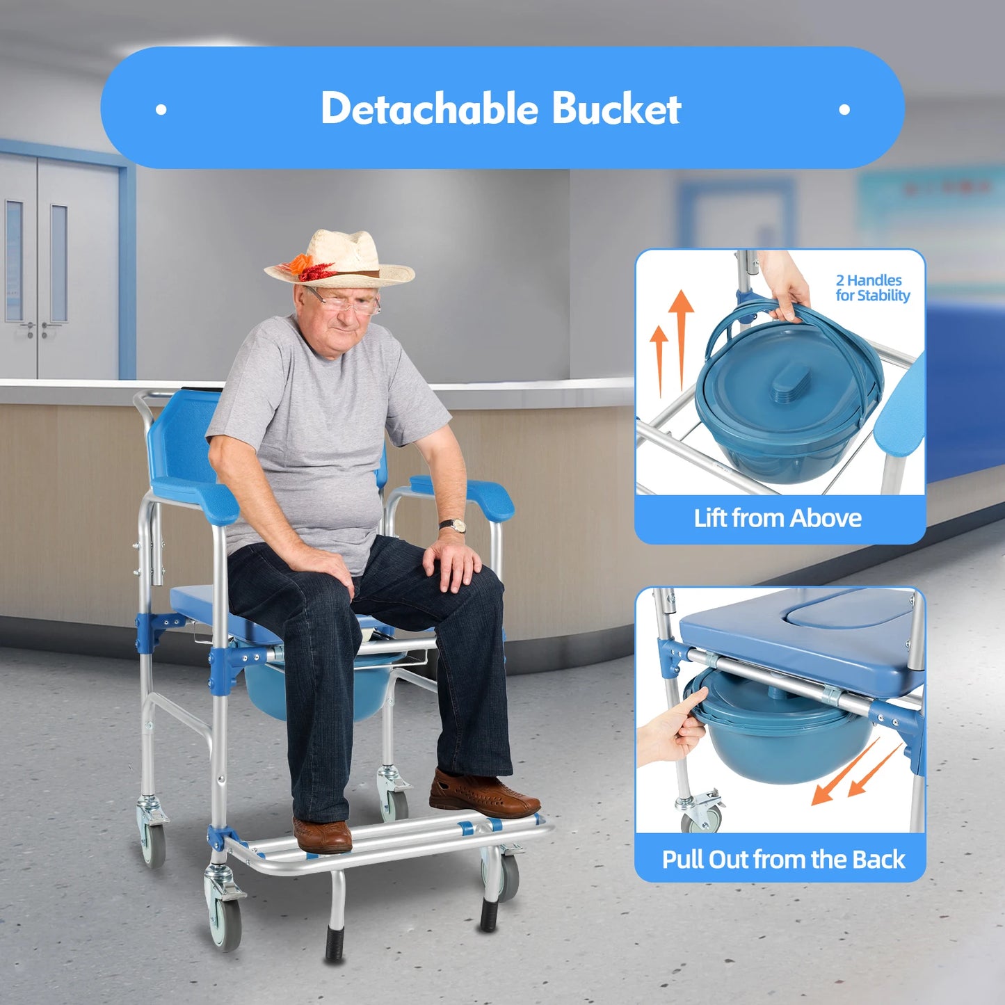 350lb Foldable Commode Chair Rolling Toilet Beside Shower Seat with Footrest+Removable Potty for Handicap Elderly Disabled Adult