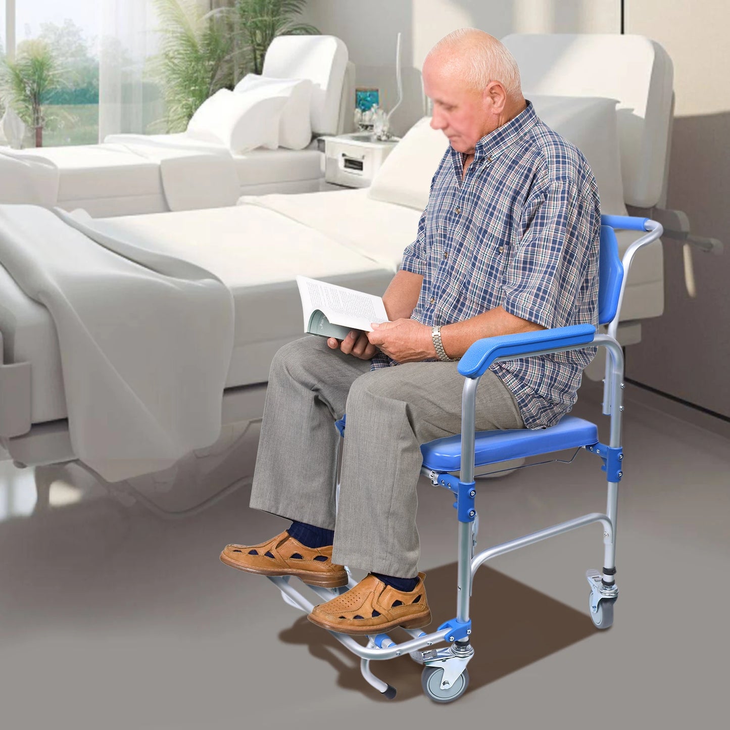 350lb Foldable Commode Chair Rolling Toilet Beside Shower Seat with Footrest+Removable Potty for Handicap Elderly Disabled Adult