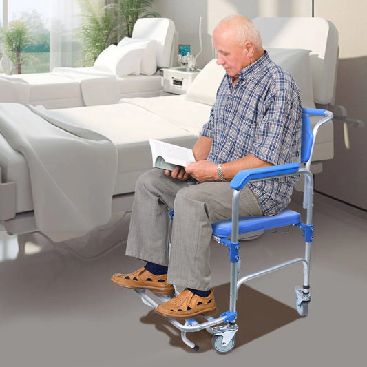 350lb Foldable Commode Chair Rolling Toilet Beside Shower Seat with Footrest+Removable Potty for Handicap Elderly Disabled Adult