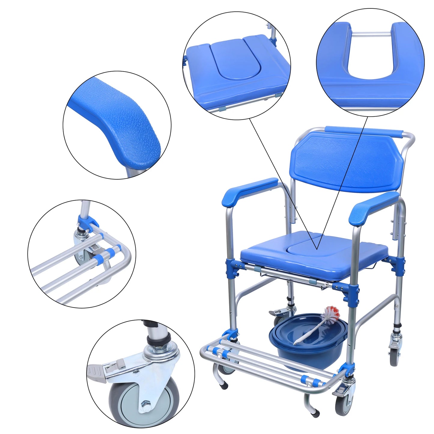 350lb Foldable Commode Chair Rolling Toilet Beside Shower Seat with Footrest+Removable Potty for Handicap Elderly Disabled Adult